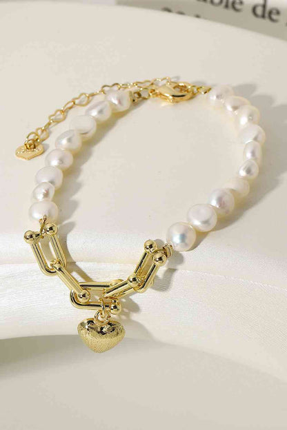 14K Gold Plated Heart Charm Pearl Bracelet