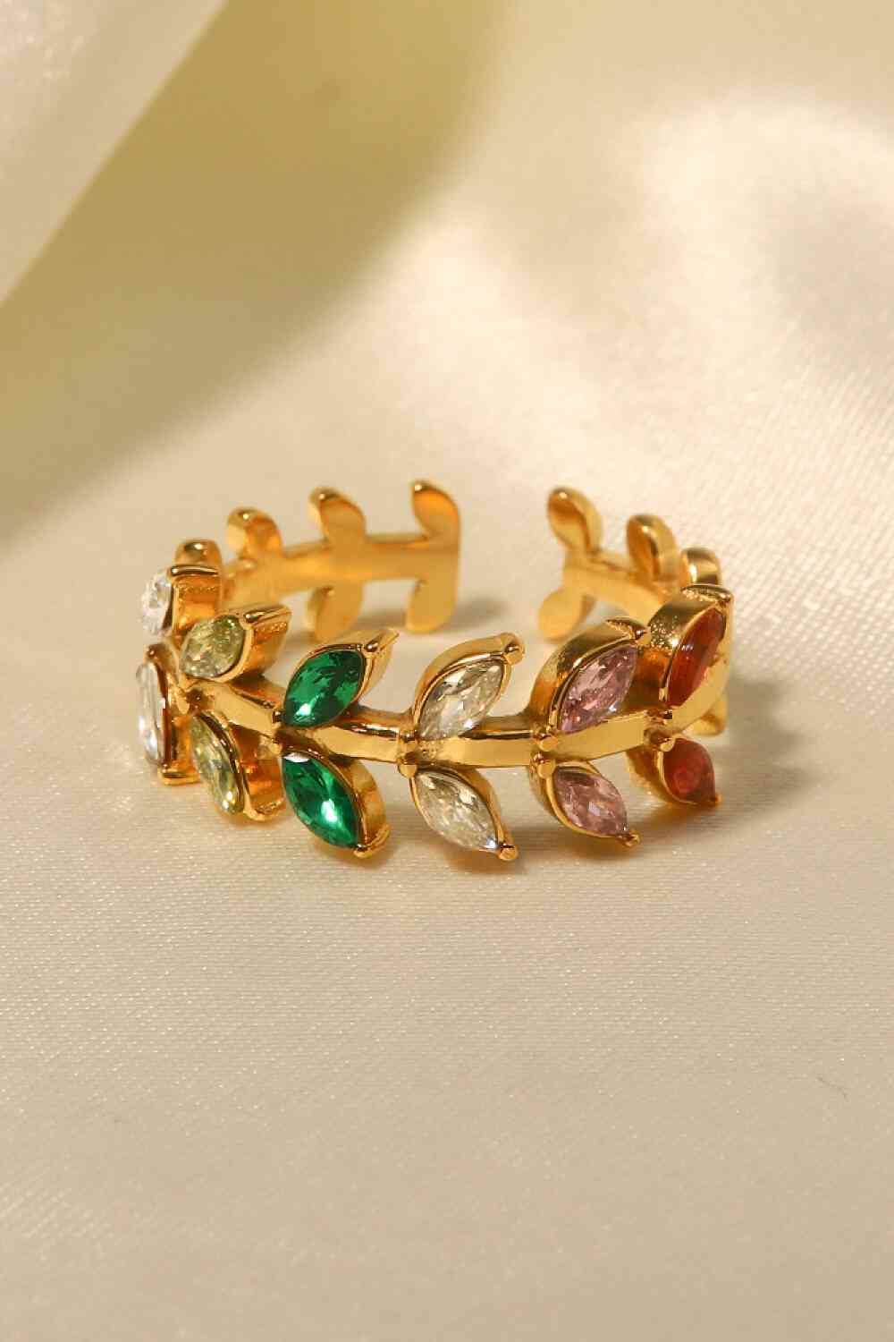 Zircon 18K Gold-Plated Leaf Open Ring